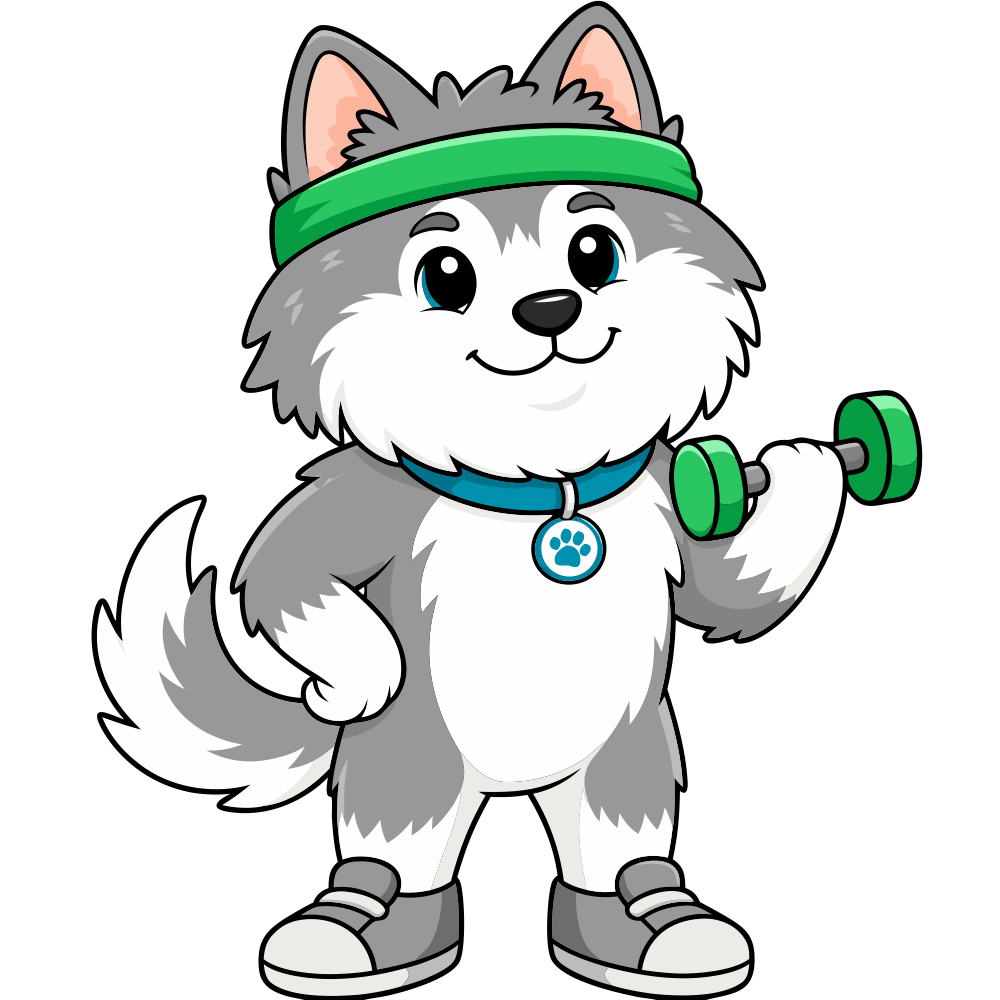 Kai the dog lifting a small dumbbell